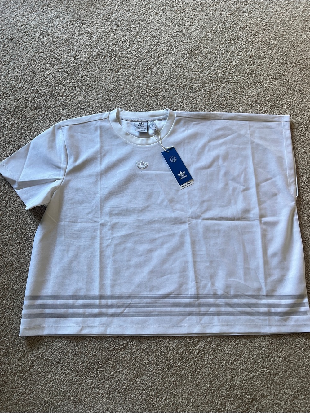 adidas White Short Sleeve Crewneck Tee with Tonal Hem Stripes